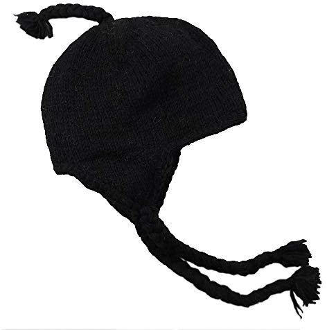 musimon Warme Mütze Strickmütze Inka Ohrenmütze Wolle gefüttert schwarz (M)