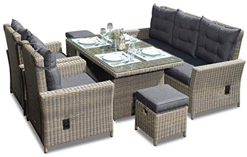 Green Spirit - Garten Sitzgruppe Asti - Braun, Polyrattan, für 7 Personen, Sicherheitsglas, Wetterfest, Gartenmöbel-Set mit Sofa, Tisch, 2 Sessel, 2 Hocker - Dining-Lounge, Garten-Essgruppe