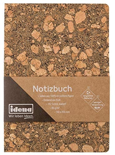 Idena 11001 - Notizbuch 20 x 14 cm, kariert, 192 Seiten, aus 100% recyceltem Papier, Einband aus Kork, 80g/m², 1 Stück, hellbraun