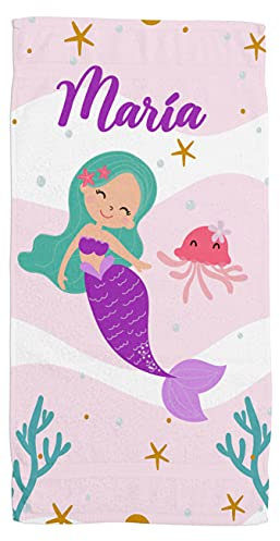 ZPUBLI+ Toallas de Playa o Ducha Personalizadas con Nombre o Frases. Toallas Infantiles, Regalo Infantil Original para baño, Piscina, Playa, Camping. Varias Medidas. (Sirena 2, 30x50)