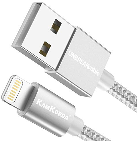 KamKorda USB to Lightning Cable 1m [MFI Certified] | Durable Nylon Braided iPhone Charger Cable | Fast Charging Lead for iPhone 14, 13, 12, 11, XS, XR, X, 8, 7, 6, SE, iPad & iPod - Silver White