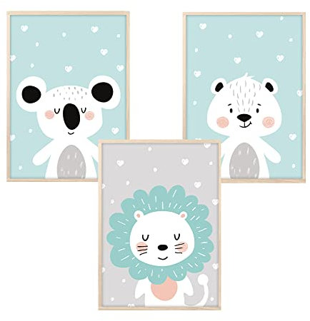 MeinBaby123® Bilder Kinderzimmer | 3er Set DIN A4 Poster Set | Wandbilder | Deko Bilder Kinderzimmer Mädchen und Jungen | Babyzimmer Deko | Wandposter Premium (süße Freunde - mint)