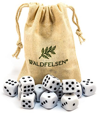 Waldfelsen 6, 12, 20, 30 oder 50 hochqualitative Würfel Standardgröße 16 mm Acrylwürfel Knobel Spielwürfel Dice 6-seitig sechsseitig Spielzubehör Set mit Stoffbeutel (Weiß, 12 Stück)