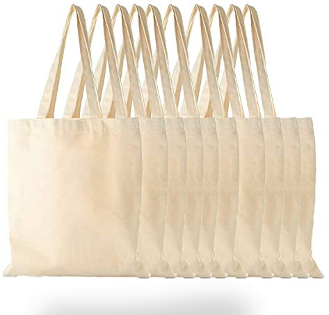 Milosc Pack of 10 Premium Quality 100% Cotton Reusable Carrier Bags With Long and Short Handles, Cream, 38cm x 43cm