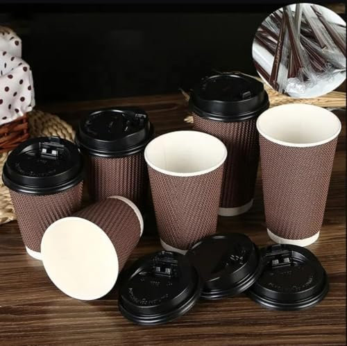 HOT BARGAINS, 100 X 12oz Kraft Disposable Brown & White Paper Cups with Lids for Hot and Cold Drinks, Triple Walled Ripple Cups for Coffee & Tea (100)