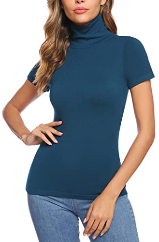 Totatuit Dolcevita Donna Maniche Corte Elegante Lupetto in Maglione Maglietta Basic T-Shirt Collo Alto Casual Top Elasticizzato Primavera Blu L