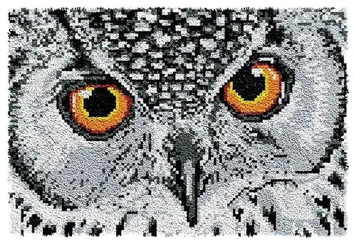 ROCKY&CHAO Teppichherstellungsset DIY-Knüpfhaken Teppich 60 x 40 cm für Kinder und Erwachsene (Weiße Eule)