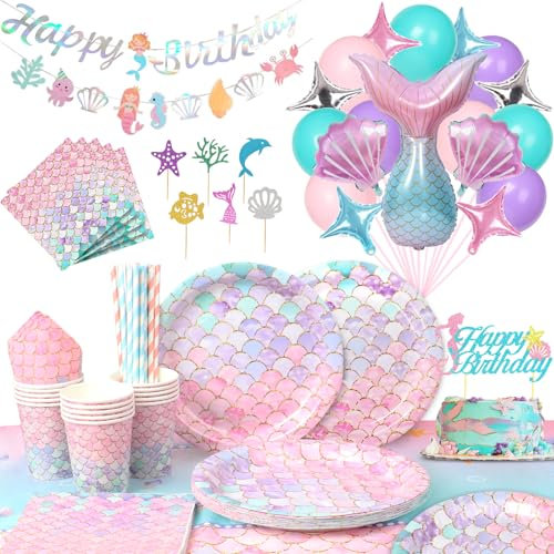 94 Stück Meerjungfrau Geburtstag Deko 16 Gäste Meerjungfrau Partygeschirr Set Meerjungfrau Party Teller Becher Servietten Tischdecke Banner Luftballon Tortendeko Meerjungfrau Deko Kindergeburtstag