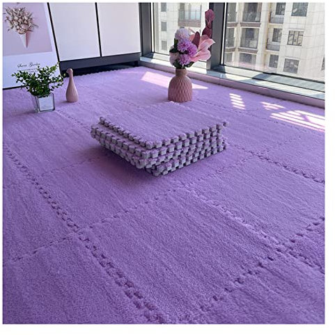 10 Stück Ineinandergreifende Teppichfliesen, Puzzle-Spielmatten, Quadratisches Plüsch-Schaummatten-Set Für Heimdekoration, Wohnzimmer, Schlafzimmer, Spielzimmer, K(Size:0.6cm,Color:Light Lila)