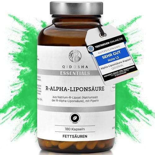 QIDOSHA® R-Alpha-Liponsäure, TESTSIEGER 07/23*, R-Alpha-Liponsäure Kapseln hochdosiert aus Na-R-Lipoat & Piperin als Bioenhancer, 180 Stk/Glas, erhöhte Bioverfügbarkeit dank Natrium-R-Lipoat