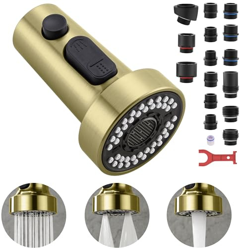TIORIY Kitchen Faucet Head with 15 Adapters, High Pressure 3 Functions Pull Down Kitchen Spray Head Replacement, Pull Out Kitchen Sink Sprayer Nozzle, Brushed Gold, ABS