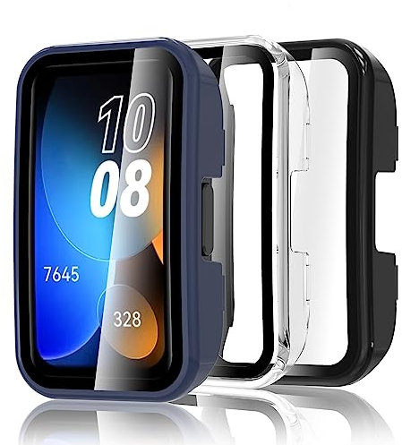 Bigqin Lot de 3 Coques de Protection Compatibles avec Huawei Band 8/Band 9/Band 10 - avec Film de Protection d'écran HD - Ultra Fine - Boîtier PC avec Verre Trempé - Transparent, Noir, Bleu