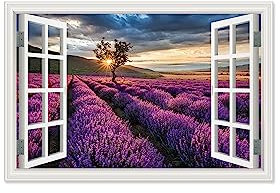 Quadri Moderni Con Finestra. Quadro Con Finestra Bellissimo mare di fiori di lavanda. Decoro Dipinto Per Pareti Domestiche 80x135cm Senza Cornice