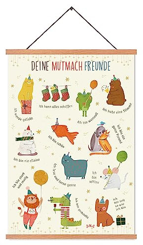 Kids Selbstvertrauen Poster Kinderzimmer-Deutsch Affirmationsposter Kinder-niedliche Tierfreunde mit Positiven Affirmationen-Leinwand in A2-Größe mit Teak-Holz Posterleiste und Magnetbefestigung