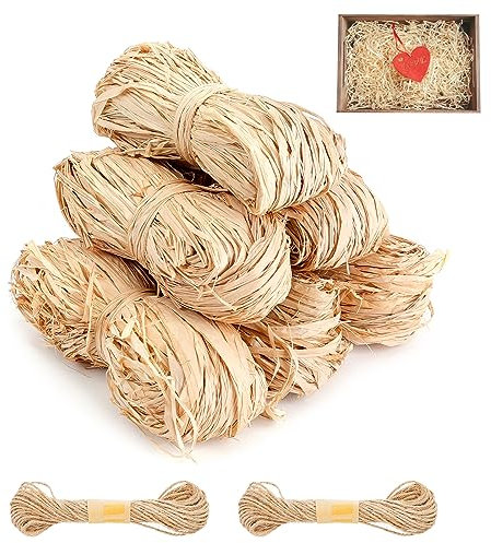 6 Piezas Cinta Rafia Natural 300g, 16.5cm Cuerda de Rafia Marrón con 2 Cordel, Fibra Natural de Rafia Decorativapara Manualidades, Tejer, Envolver Regalos/Ramilletes, Relleno para Cajas Regalos