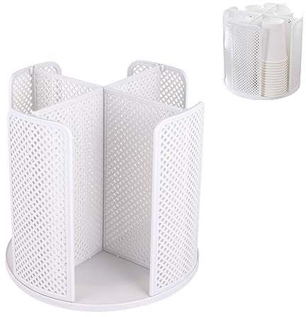Tefola Dispenser Portabicchieri in Metallo, 360° Rotazione Circolare Portabicchieri con 4 Verticale Scomparti, Supporto per Tazza di Carta, Organizer per Cucina e Bar e Bagno (Bianco)