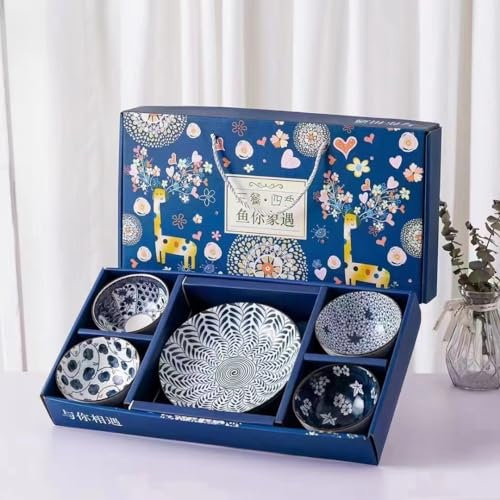 electromax Lot de 4 + 2 bols de service en céramique, bol à riz chinois avec coffret cadeau, bols de service en porcelaine pour riz, soupe, dessert, collation, 300 ml, (poterie bleue)