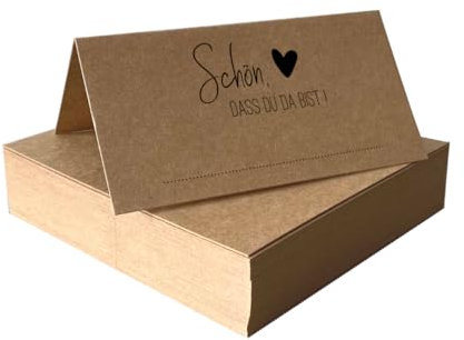 Tischkarten Schön, dass du da bist Kraftpapier braun mit Herz | 25, 50, 100 Stück | selbst beschriften | Namensschilder, Platzkarten | für Hochzeit, Geburtstag uvm (100)