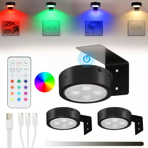 Lightsjoy 3Pc Picture Lights for Wall Battery Operated RGB Rechargeable Picture Light Dimmable Timer Painting Frame Light Wireless Art Lights for Wall Led Puck Lamp with Remote Control, Black RGB
