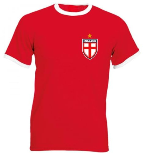 Second Ave Men's Unisex England Flag Badge Euros World Cup Football Red Retro Ringer T Shirt Top Kit