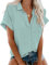 Friptspyg Bluse Damen Lässiges Kurzarm Hemdbluse Sommer V-Ausschnitt 100% Baumwolle Solide Blusenshirt Elegant Oberteile mit Tasche, Blau Grün M