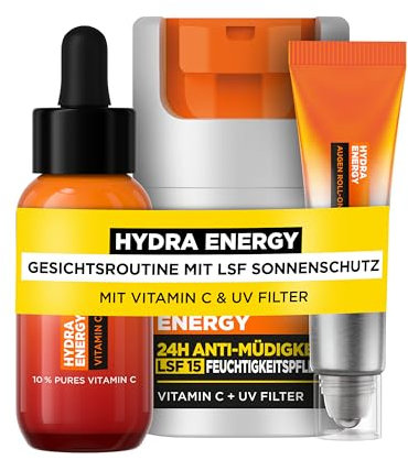 L'Oréal Men Expert Pflegeset mit Sonnenschutz für Männer, Mit Gesichtscreme LSF 15, Gesichtsserum und Augen Roll-On, Set für Herren mit Vitamin C, Hydra Energy, 3-teilig