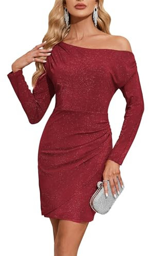 Kate Kasin Damen Langarm Kleid Mit Schulterfrei Party Club Cocktail Bodycon Mini Kleid Trägerloses Kleid Kurz Freizeitkleid Midi Burgunderrot XXL