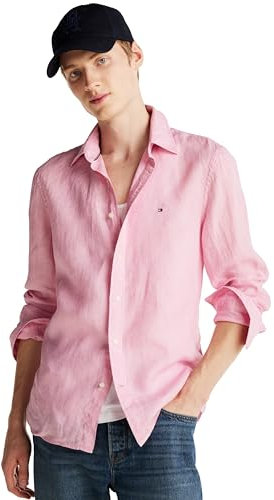 Tommy Hilfiger Uomo a Maniche Lunghe Casual Linen Button Down in Regular Fit, Maniche Lunghe, Bottoni Casual in Lino, vestibilità Normale, Rosa Classico, XS