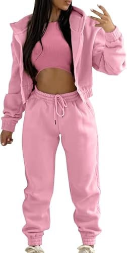 Suncadmious Pantaloni della Tuta e Felpa Set per Le Donne, Vestito Casual Tuta Atletica Set Tuta con Cappuccio Tuta da Jogging 3 Pezzi (Rosa,S)