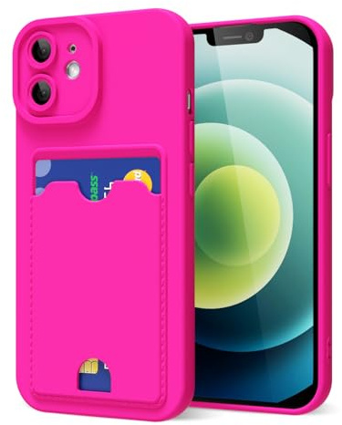 oakxco for iPhone 12 Case with Card Holder, Cute Silicone Wallet Phone Case with Credit Card Slot, Soft Rubber Thin Slim Purse for Women Men with Shockproof Camera Cover Protection, Hot Pink