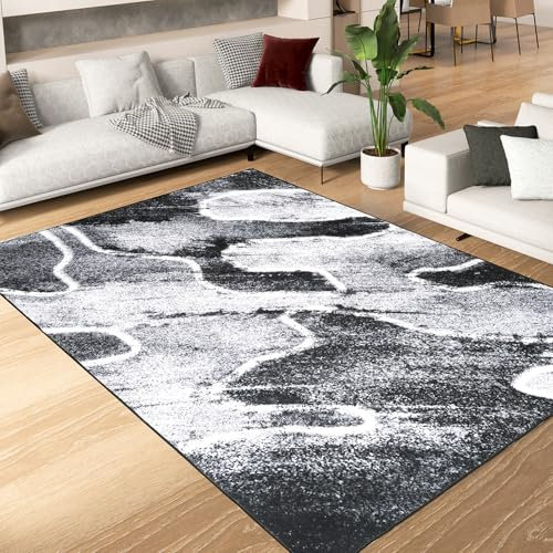 Alishomtll Läufer Flur Teppich rutschfest, Kurzflor TPR Wohnzimmer Küchenläufer Schlafzimmer Läufer Waschbar Schmutzabweisend Modern Flur Teppich Läufer für Küche Innen, Schwarz Grau 160x230 cm