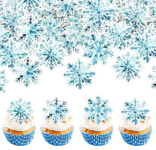 Xsstarmi 60 Pack Edible Blue Snowflake Cupcake Toppers Rice Paper Xmas Snowflake Cupcake Picks Winter Frozen Cupcake Decorations for Wedding Birthday New Year Christmas Party Cake Decorations