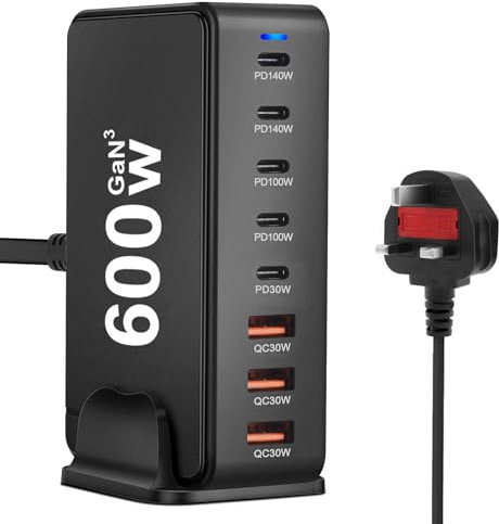 Glitfix 600W USB C Charger Station- 8 Port GaN III Safe USB Multi Charger, Portable Travel Fast Charger Block with PD 140W Laptop Charger/30W QC, Compatible with MacBook Pro/Air, i-Phone 16/15, i-Pads