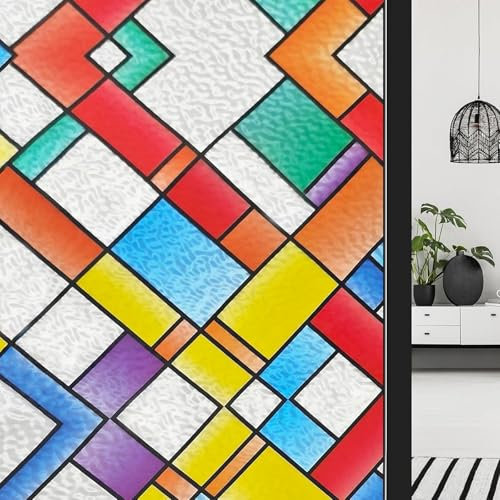 ConCus-T Stained Glass Window Film Privacy Film Geometric Self Adhesive Vinyl Static Cling Colorful 3D Sun Blocking Glass Door Covering for Home Office, 44.5 x 200 cm