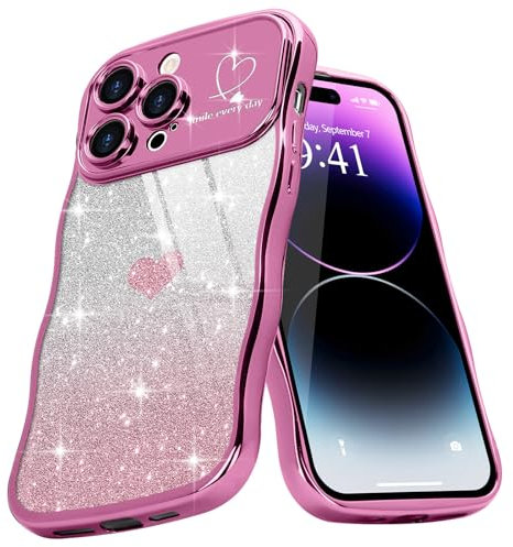 Teageo Cute Heart Pattern Curly Phone Case for iPhone 14 Pro Max, Wave Frame Glitter Case for Girls Women Aesthetic Bling Cover Shockproof Soft TPU Bumper for iPhone 14 Pro Max, Rose Red