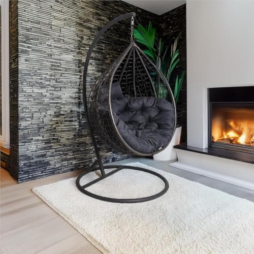 2mGoods Luxuriöser Hängesessel mit Gestell inkl. allergikerfreundlichem Kissen - Hängestuhl mit platzsparender runder Basis, ideal für kleinere Räume indoor und outdoor (Durchmesser 3mm Rattan - Grau)