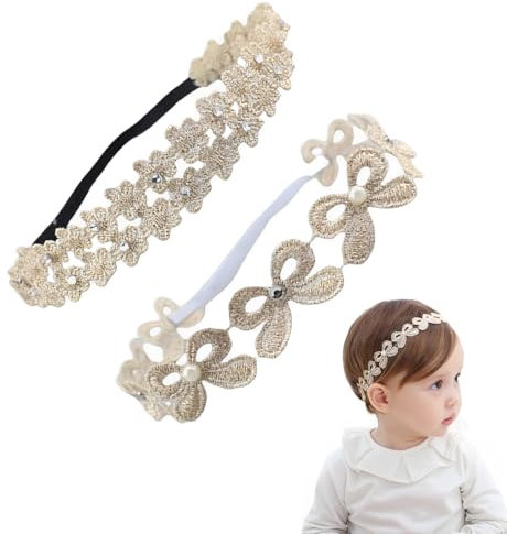 SGERUFZ 2 pezzi morbida per bambina, fascetta accessorio capelli in nylon con fiore per neonate, regalo, ideale per battesimo, bimba, Cerchio Elastico, Nastro Grosgrain, Moda Elastica