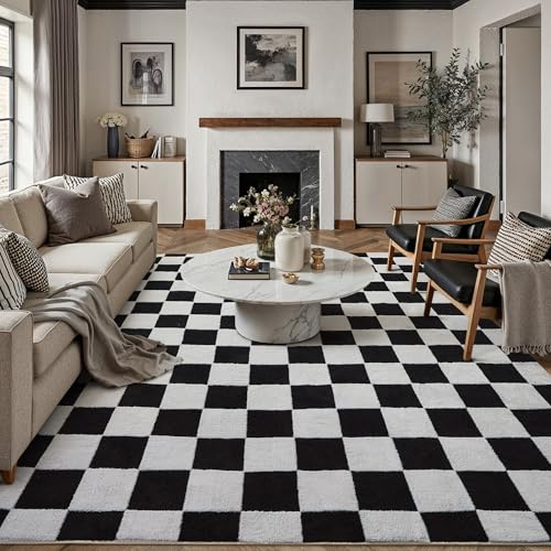 PureCozy Kariert Teppich Wohnzimmer 200x300cm Schwarz Weiß Schlafzimmer Waschbarer Teppiche 3D Effekt Kinderzimmer Kinderteppich Esszimmer Kurzflor Weich rutschfest Groß Carpet