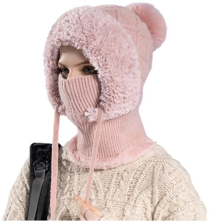 BOSSETY 3-In-1 Sturmhauben Mütze Mit Schal Und Maske, Wintermütze Strickmütze, Schalmütze Damen, Winddichter Nackenwärmer Für Radfahrer, Winddichte Kälteschutz Skimütze (D-Rosa)