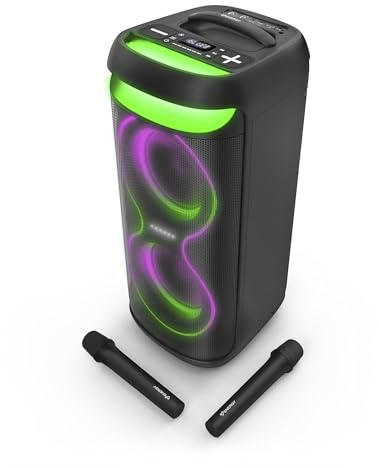Energy Sistem Karaoke Party Speaker, tragbarer Lautsprecher, Bluetooth-150 W, MP3-Player, LED-Lichter, 2 kabellose Mikrofone, 6 Stunden Akkulaufzeit.