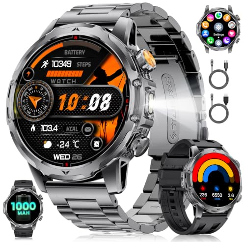 Smartwatch Herren mit 1000mAh Akku für Android iOS, 1,53 HD Großes Touchscreen Militär Smart Watch mit 24H Herzfrequenz/110 Sportmodi, IP68 Wasserdicht Taschenlampe Fitnessuhr, Schwarz