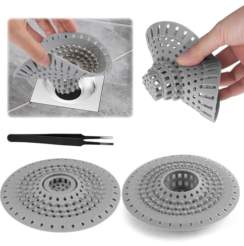 3 Piezas Silicona Atrapa Pelos Ducha con 1 Pinza de Limpieza, 12.5 cm Atrapa Pelos Ducha Redondo, Coladores de Drenaje de Silicona, Filtro Desague Ducha para Baño, Bañera y Cocina, Anti-Atascos (Gris)