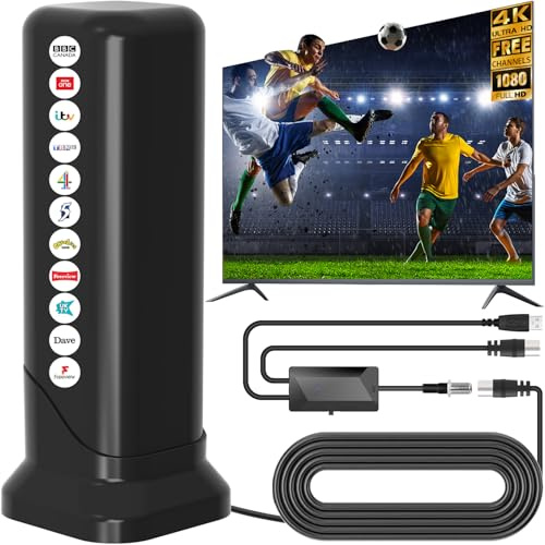 Indoor TV Aerial with Signal Booster, 2026 HD Digital TV Aerial for Freeview TV with Strong Magnetic Base, 650+ Miles Long Range Indoor Aerial for TV for 4K 1080P Local Channels, 4M Cable (Rectangle)