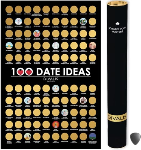 Divalis Rubbelposter 100 Paar-Dates 61x41 cm mit Zubehör– Bucket Kratzlist Poster für Paare – Ideen zum Freirubbeln für Aktivitäten zu zweit – Scratch off Poster Top 100 Date