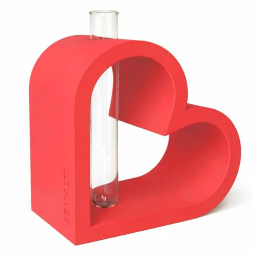 SEMALTI Herz-Vase mit Reagenzglas – Minimalistische Moderne Deko (Rot) | inkl. Gläschen für Blumen oder Duftöl, modernes Design, Geschenk für Hochzeit, Geburtstag, Valentinstag, Muttertag