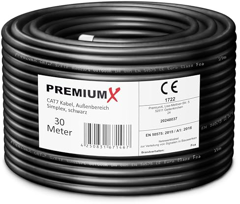 Premium X CAT 7 Outdoor Netzwerkkabel 30m - 10 Gbit/s Erdkabel Datenkabel Ethernetkabel LAN Kabel für Außen S/FTP AWG23/1 Verlegekabel - reines Kupfer - schwarz