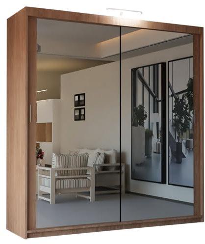SLIDING WARDROBE 4U Mirror Sliding 2 or 3 Door Wardrobe with LED Light 90cm/120cm/150cm/180cm/203cm/250cm White-Black-Grey-Walnut-Wenge-Oak (Walnut, 203cm)