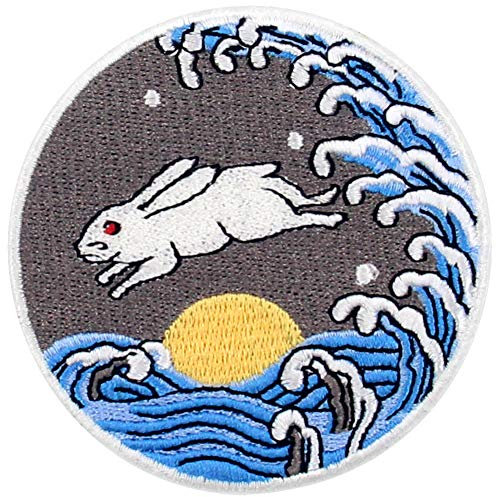 ZEGINs Aufnäher Rabit with The Moon Rise Sea bestickt, zum Aufbügeln oder Aufnähen