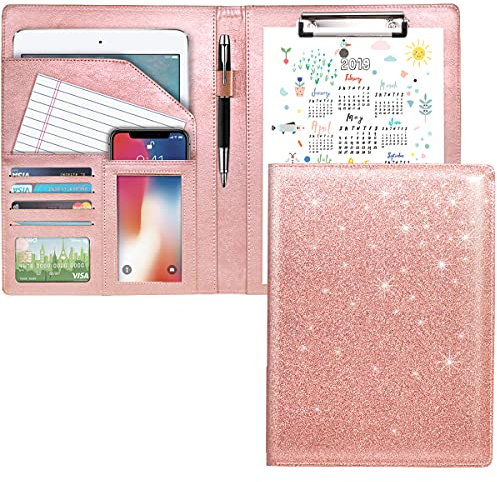 WAVEYU Padfolio/Lebenslauf-Portfolio-Mappe, glitzernd, rosa, für Damen, niedlicher rosa Padfolio-Einband, Konferenz-/Rechtsdokumenten-Organizer mit Klemmbrett, Dokumententasche