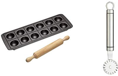 KitchenCraft World of Flavours Non Stick Ravioli Mould Tray and Roller in Gift Box, 2 Piece Filled Pasta Making Kit & KitchenCraft Professional Pastry Cutter Wheel/Dough Slicer, 17 cm